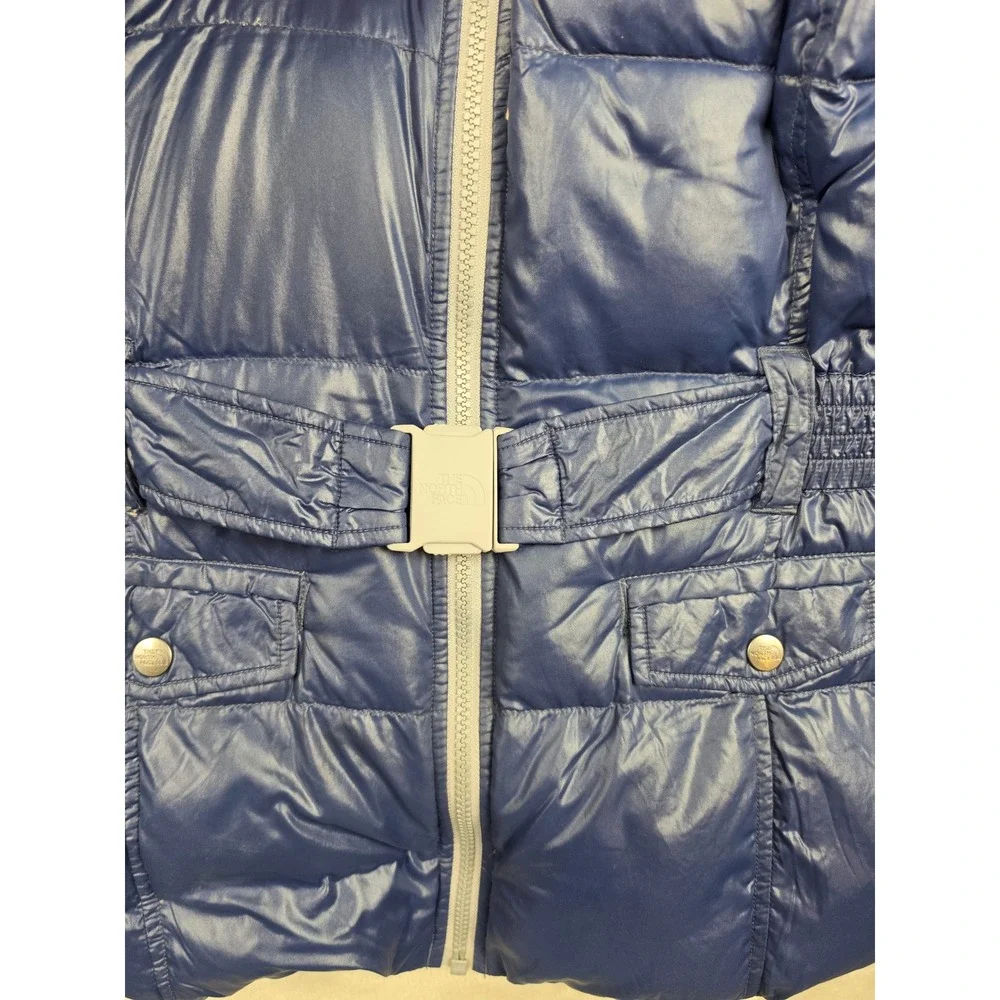 The North Face Puffer Jacket Girls‎ L 14/16 Blue Belted Goose Down 550 Hooded